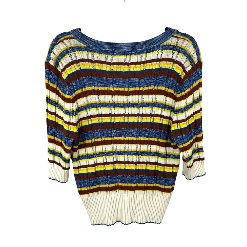 NWT Veronica Beard Stripe Chantal Scoop Neck Ribbed Sweater Yellow Blue Size XL